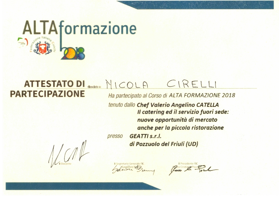 Attestato di Partecipazione - Alta Formazione FIC - Catering e servizio fuori sede